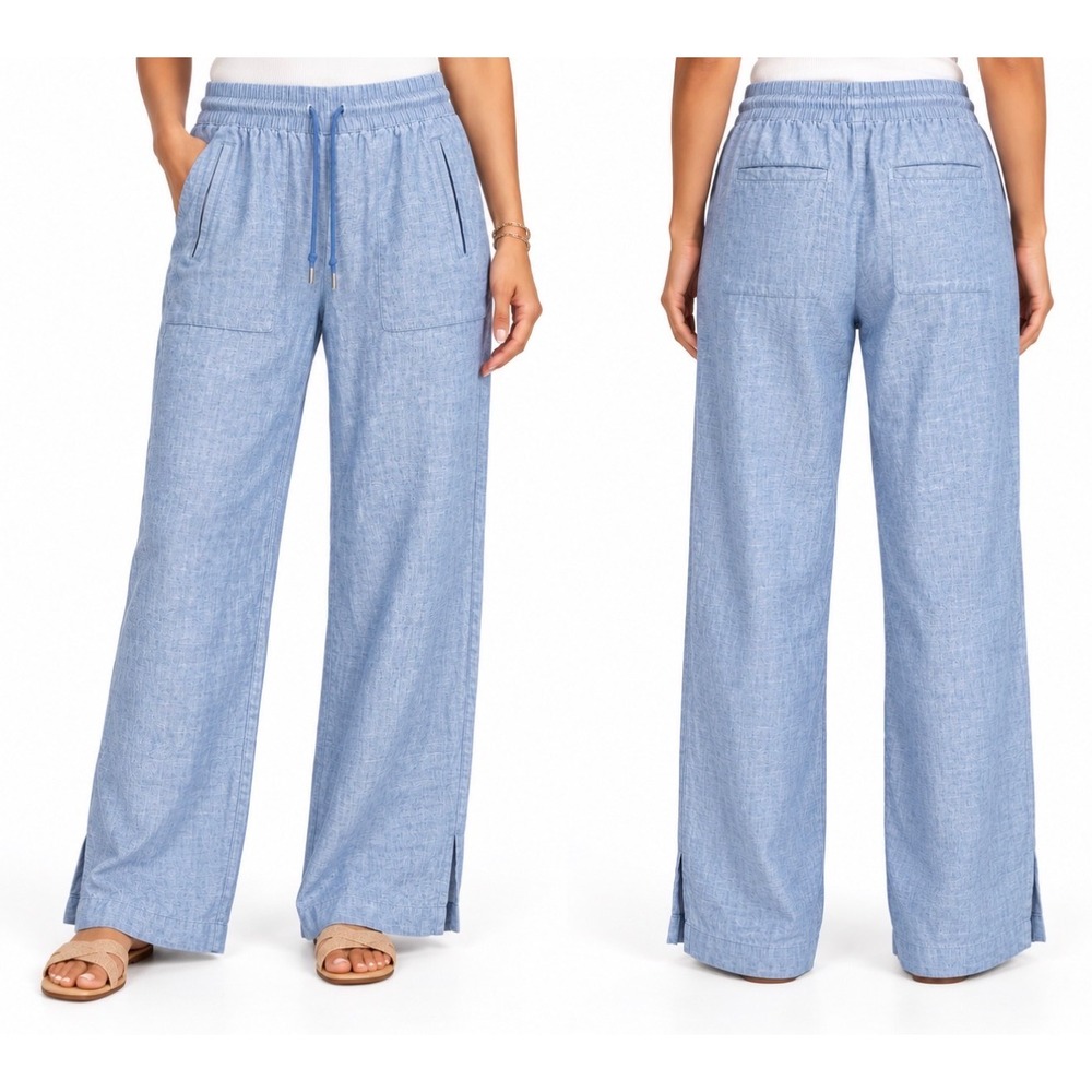 Athleta Linen Wide Leg Pants Womens Size 6 Light Blue High Rise Coastal Casual